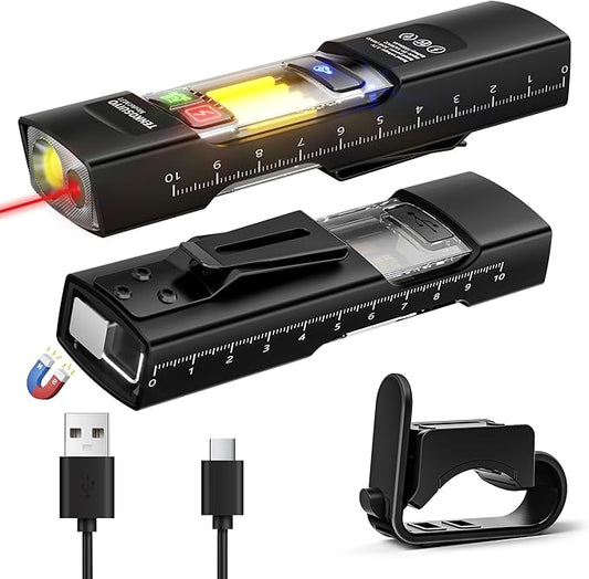 Rechargeable Flat Flashlight 680 Lumens Magnetic Clip On Hands Free Light for Car Repair Camping Emergency (Black)