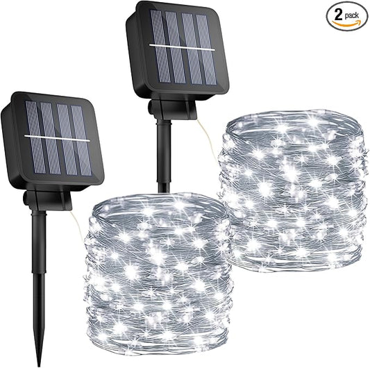 OHLUX Solar String Lights Outdoor,Each Pack 100LED 33FT Decorative Fairy Lights Waterproof 8 Modes Copper Wire Sun Powered Firefly Lights for Outdoor Wedding Patio Garden Trees Party(Daylight/2PACK)