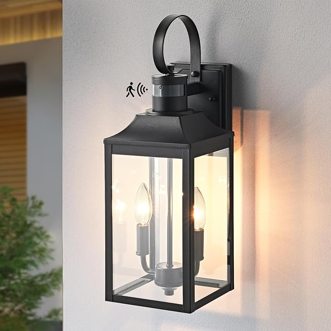 18.9" Black Motion Sensor Outdoor Wall Lantern, 2-Light Industrial Porch Light with Clear Glass Waterproof Exterior Light Fixture Sconce for Outside Porch, Patio, and Garage (1 Pack)