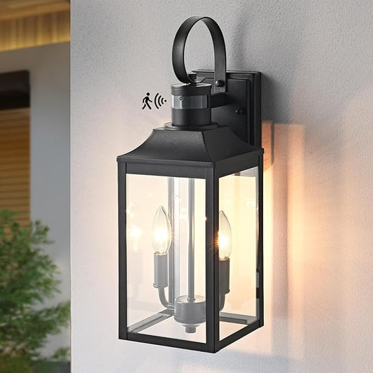 18.9" Black Motion Sensor Outdoor Wall Lantern, 2-Light Industrial Porch Light with Clear Glass Waterproof Exterior Light Fixture Sconce for Outside Porch, Patio, and Garage (1 Pack)