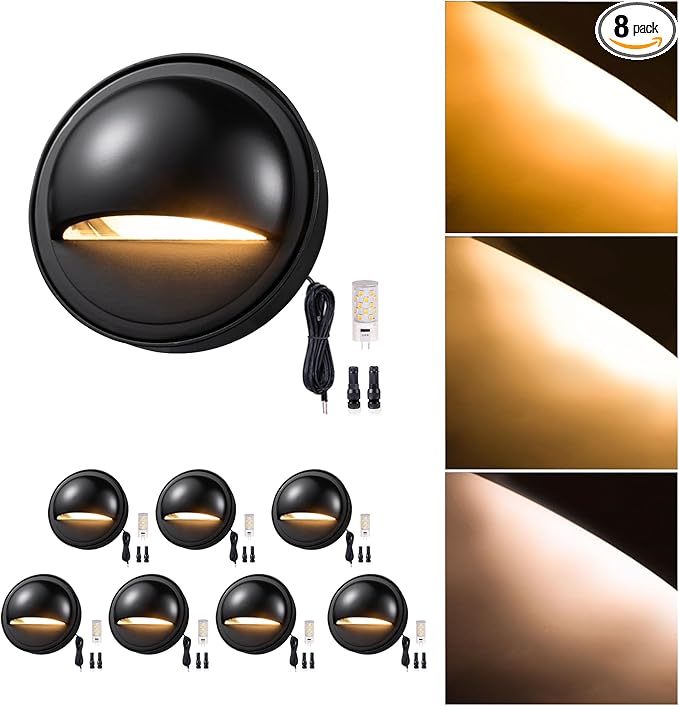 Gardenreet Low Voltage Deck Lights - Landscape Solid Brass LED Step Lights Outdoor, 12V Hardwired IP65 Waterproof, Round Black for Fence Wall Stair with 3 Color Temp(2700K/3000K/4000K) G4 Bulb 8 Pack