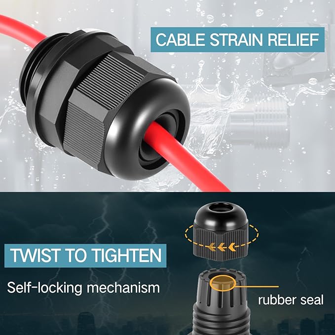 200 Pcs 1/2" NPT Black Nylon Cable Gland, Waterproof IP68 Adjustable Locknut Cable Diameter Waterproof Connectors Black Cord Grip