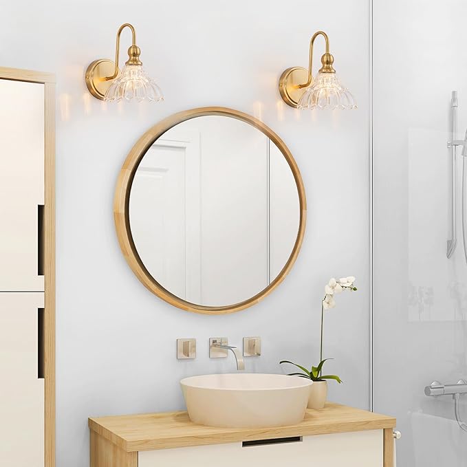 Vintage Bathroom Light Fixtures Over Mirror, 1-Light Brass Wall Sconce Lighting with Flower Glass Shade, Farmhouse Vanity Lights for Bedroom Kitchen Living Room Hallway Light