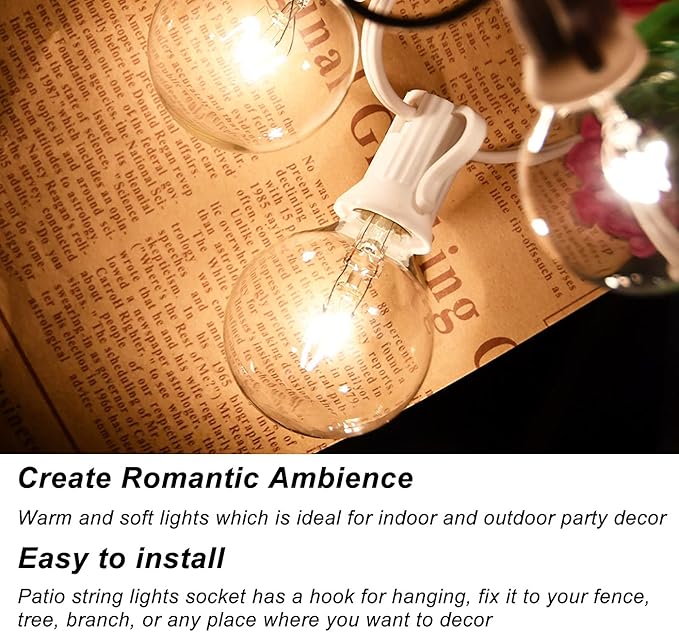 Abeja Outdoor String Light G40-100Ft with 105 Edison Glass Bulbs, 5W, E12 Socket Base, UL Listed Waterproof for Patio Lights Bars Party Decor, White