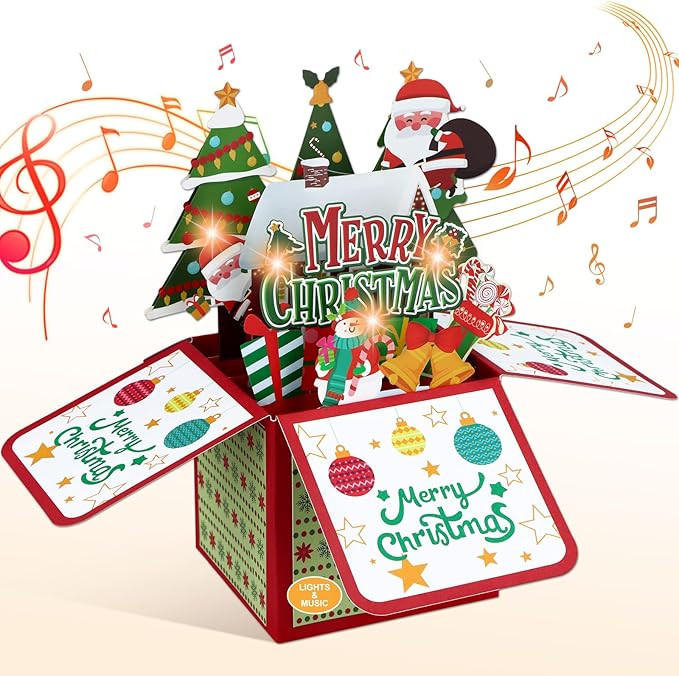 FaCraft Musical Christmas Cards, with Lights and Music, Handmade 3D Light Up Merry Christmas Card Gift, with Envelope, Blank Insert and Seal, for Winter, Holidays, New Year (Santa)