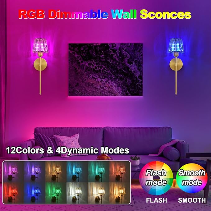 Battery Operated Crystal Wall Sconce Set of 2, Amber Rechargeable Wireless Wall Sconces with Remote Dimmable 12 Colors Modes Led Wall Lights for Bedroom Living Room Hallway, 2 Bulbs Included