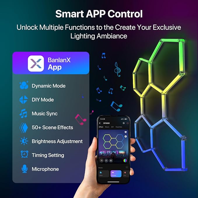HYPERLITE Hexagon Garage Lights: 5 Grid RGB Hexagon LED Lights with Music Sync Mode, App & Remote Control, Multi-Color Honeycomb Light for Gaming Room, Gym, Garage