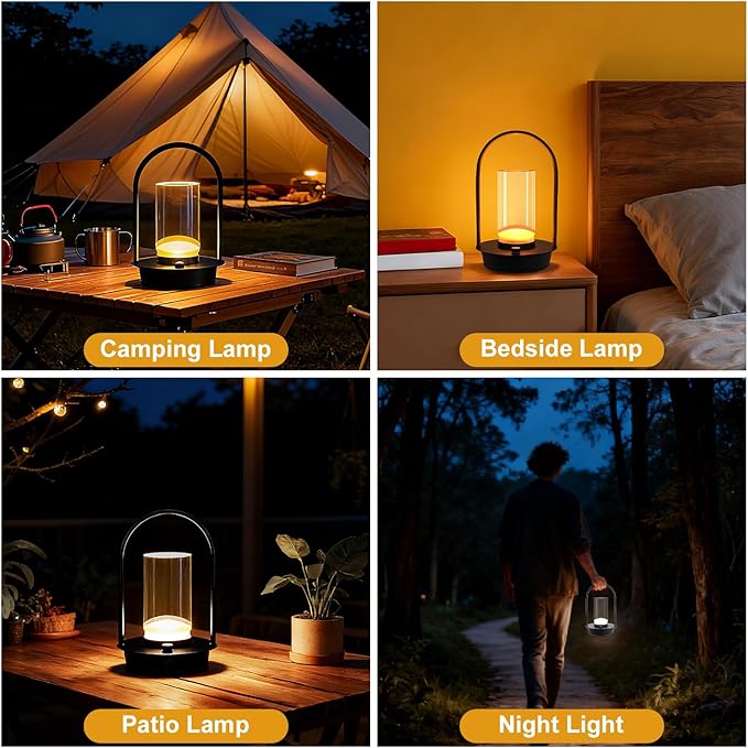 Cordless Table Lamp - Portable Lumisom Crystal Lantern with Touch & 3 Color Dimmable, Rechargeable Small Battery Powered Desk Lamp, Kiyagi Crystal Lantern for Bedroom Bedside Patio Camping Bar (Black)