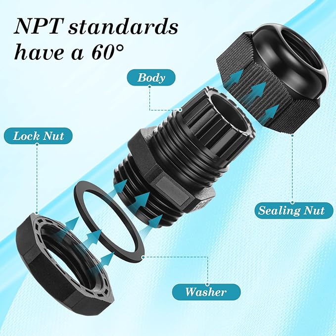 100 Pcs 1/2" NPT Black Nylon Cable Gland, Waterproof IP68 Adjustable Locknut Cable Diameter Waterproof Connectors Black Cord Grip