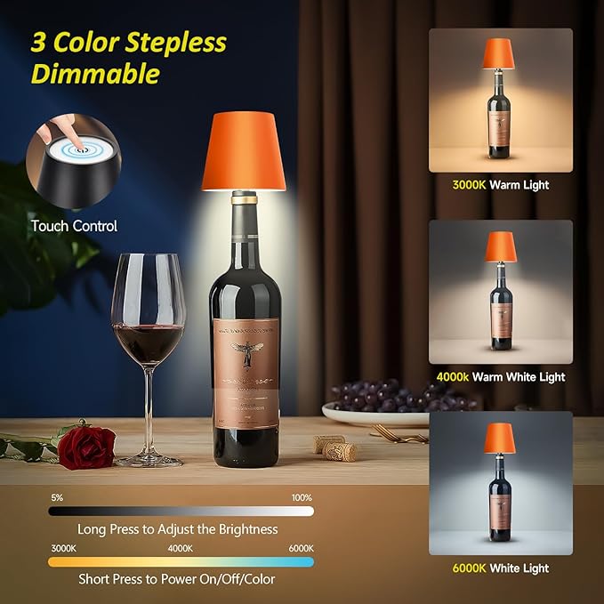 2025 New Wireless Bottle Lamp - LED Bottle Lights for Liquor & Wine Bottles, Cordless Lampshade, Whiskey Bottle Top Light, Bottle Stopper Night Light Kit, Rechargeable 3-Tone Touch-Dimmable
