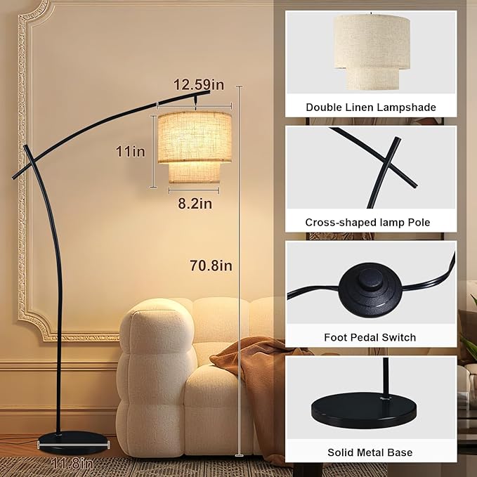 Lightdot Arc Floor Lamp for Living Room, Modern Standing Tall Lamps with Double Linen Shade, Tall Hanging Pole Lamp with Stable Base & Bulb Included for Bedroom/Sofa Beside/Corner Decor-Black