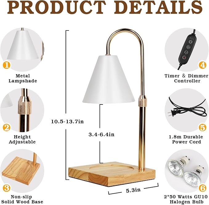 White Candle Warmer Lamp with Timer Dimmer, Electric Candle Lamp Warmer for Bedroom Decor, Birthday Gifts for Mom, Adjustable Metal Candle Lamp, Home Decor for House Warming Gifts, 2*35 Watt Bulb