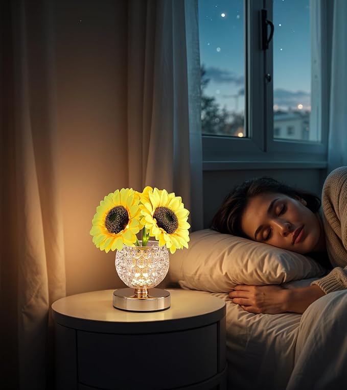 Sunflower Lamp Gifts for Women,Rechargeable Cordless Touch Lamp with 3-Colour Dimming,Crystal Vase Flower Light for Birthday Gifts,Mother's Day for Mom,Christmas,Home Decor,Bedroom