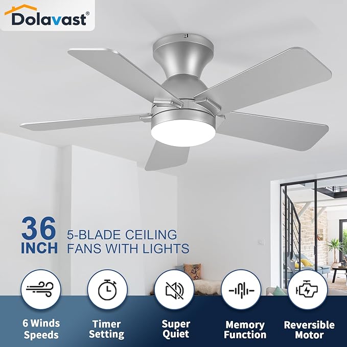 Ceiling Fans with Lights, 36 Inch Low Profile Ceiling Fan with Light and Remote Control, Flush Mount, Reversible, 3CCT, Dimmable LED, Quiet, Nickel Ceiling Fan for Bedroom, Kitchen,Office