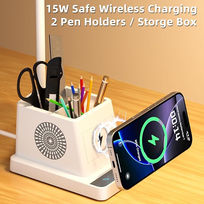 cozoo Desk Lamp, LED Desk Lamps for Home Office with 15W Wireless Charger/Organizer,Desk Lamp for College Dorm Eye-Caring Study Light,Gooseneck Table Lamp with Pen Holders/Storage,12 Lighting Modes