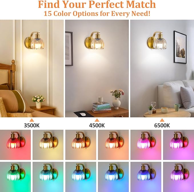 VerRon Rechargeable Battery Operated Wall Sconce Set of Two with Amber Glass Lampshade, Wireless Wall Scone Decor with Remote Control, 15 Colors Gold Wall Light for Bedside Hallway Bedroom Doorway