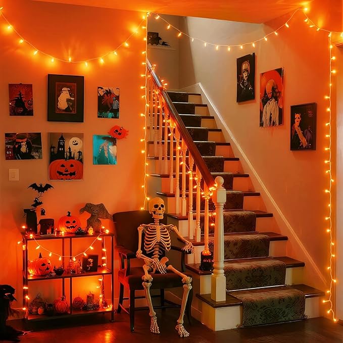 JMEXSUSS 150LED Orange Halloween Lights Indoor Outdoor, Connectable Christmas String Lights Indoor Plug in, 8 Modes Orange Lights for Halloween Fireplace Tree Bedroom Party Decor (Pack of 2)