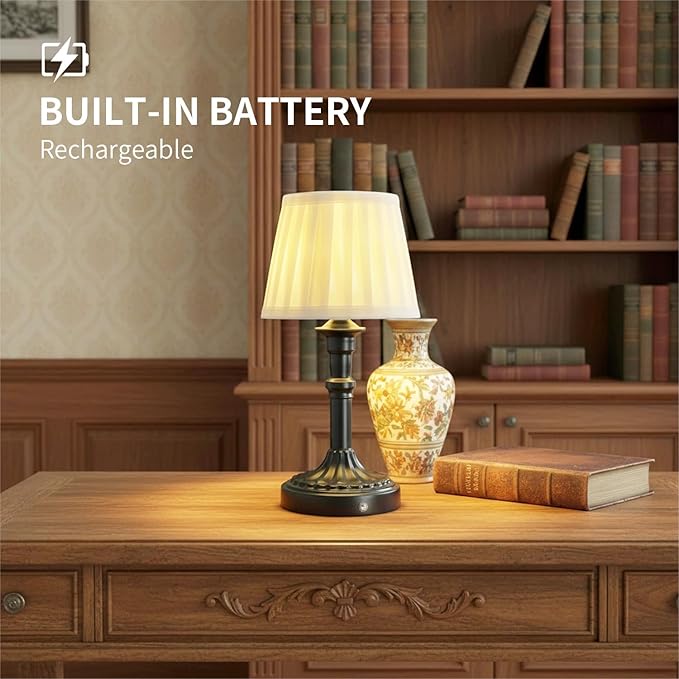Portables Cordless Table Lamp Set of 2, Fabric Shade Des Lamps,5200mAh Battery Operated,3 Color Stepless Dimming Up,for Restaurant, Bedroom, Camping, Bar, Coffee Shop, (Black)