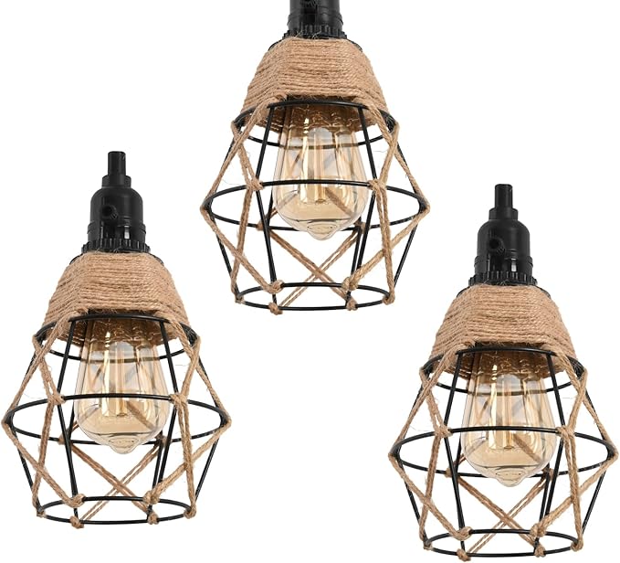 3 Light Hemp Rope Plug in Pendant Light Rattan Hanging Lights with Plug in Cord with Woven Lamp Shade, Hanging Lights with Plug in Cord Hemp Rope Hanging Lamp