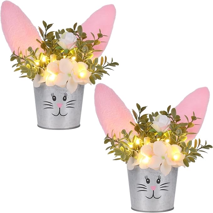 Prsildan 2 Pcs Easter Table Decorations Artificial Flower with Bunny Ear, Lighted Desk Decor Bunny Flowers, Easter Tabletop Decorations for Home Table Mantle Office Spring Party
