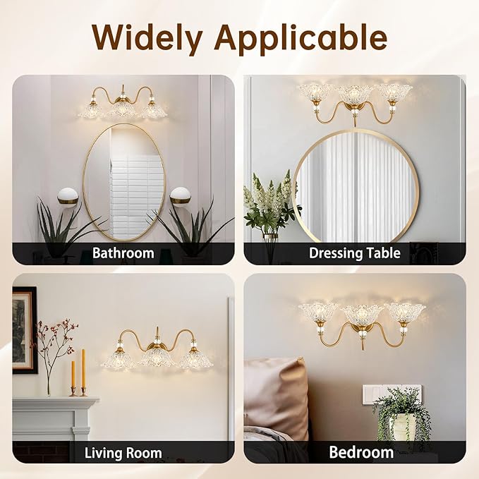Vintage Bathroom Vanity Light, 3-Light Matte Brass Finish Vanity Light with Floral Clear Glass Shades, Retro Wall Sconce for Bathroom, Dressing Table