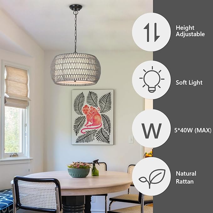 Farmhouse Chandelier Light Fixtures，5-Lights Rattan Dining Room Light Fixture,Woven Boho Chandeliers for Dining Room with Fabric Shade,Rustic Chandeliers Hanging Light Fixtures for Kitchen Island-Grey