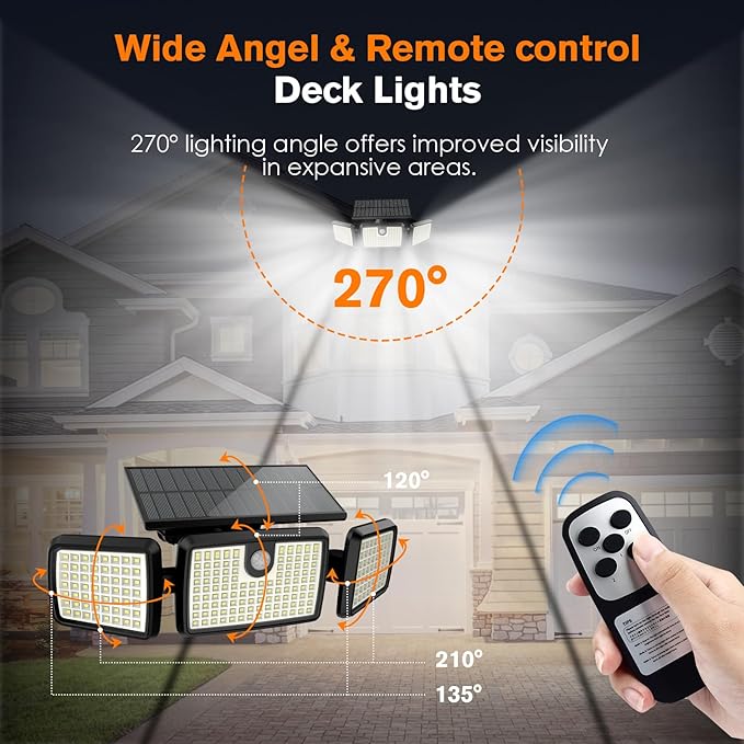 Solar Lights Outdoor, Quick Charge Solar Motion Deck Lights Outdoor for Deck with 232LEDs High Brightness, Larger Built-in Tempered Glass Panel, Sensitive PIR Motion Inductor (Remote,2 Pack)