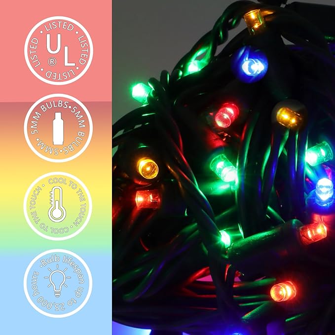 50 LED 5MM Multicolor Christmas Lights, 17FT Indoor/Outdoor String Light, Mini Lights for Garden, Patio, Christmas Trees - Green Wire, Commercial Grade, UL Listed
