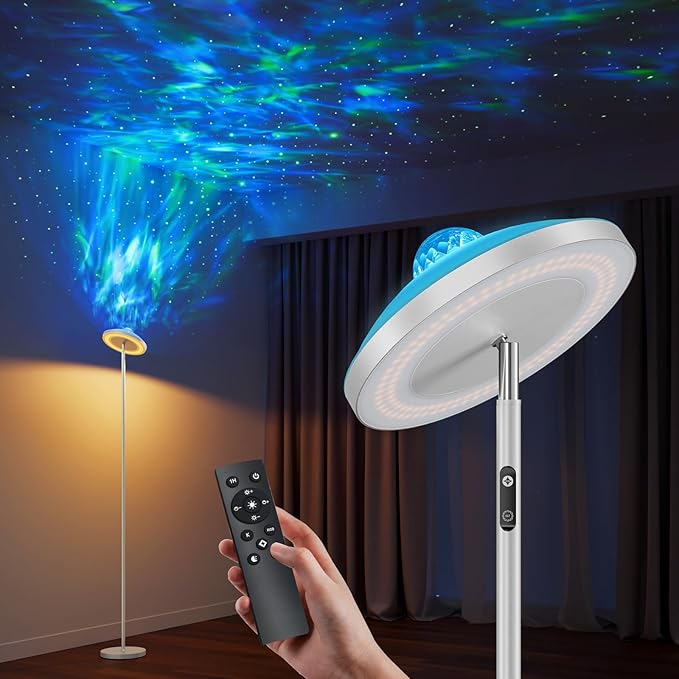 DUSKTEC Floor Lamp with RGB Star Projector, 15W 1400LM Dimmable 4 Color Temperatures LED Standing Lamp with Remote, Modern Tall Black Corner Lamp for Living Room, Bedroom, Office (White)