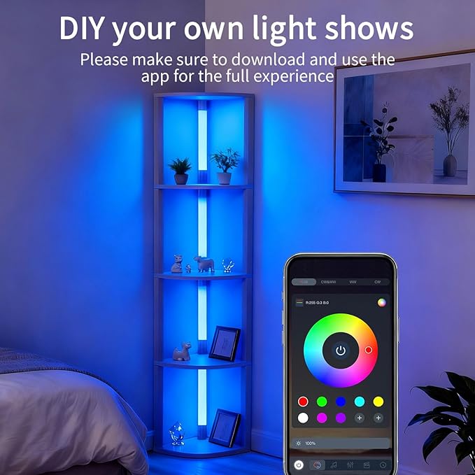 RGBCW Floor Lamp, Smart Modern Floor Lamp with Music Sync, Color Changing Corner Display Shelf Lamp, Standing Lamp with Shelves for Living Room and Bedroom, Office, Whitewashed Oak