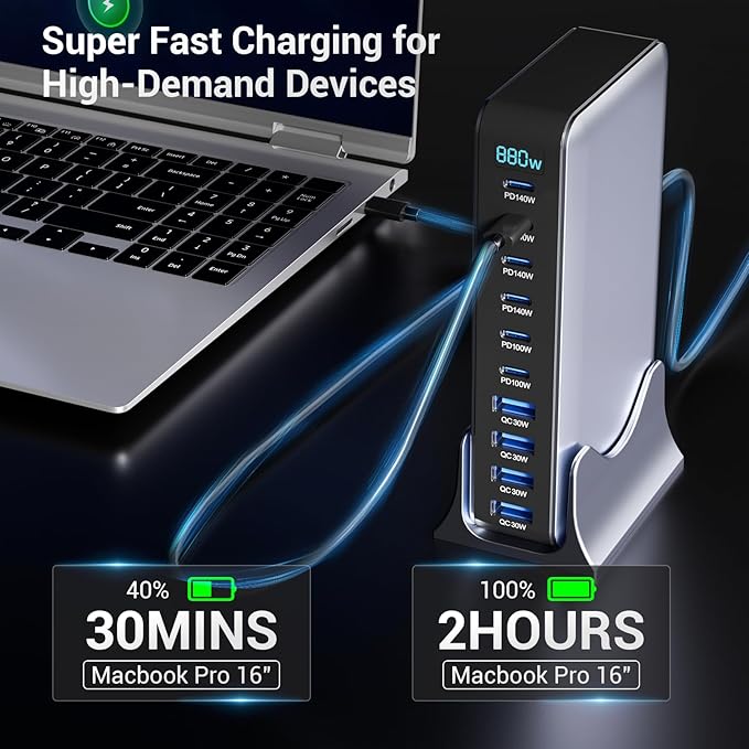 880W USB C Charging Station, 10-Port Desktop USB Charger, USB C Charger Block for Multiple Devices for MacBook Pro/Air, DELL, iPad, iPhone, Samsung Galaxy