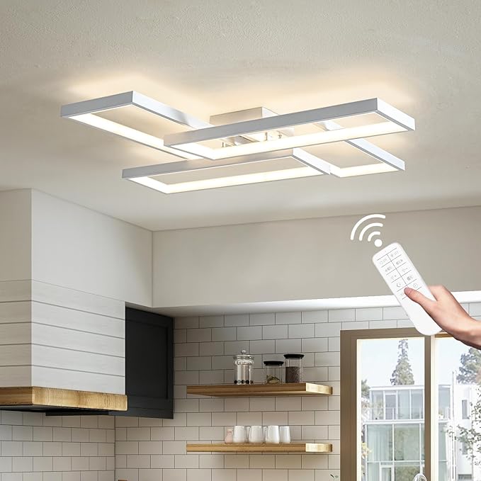 Modern LED Ceiling Light Fixture White Flush Mount Ceiling Light Dimmable 26" Bedroom Lights for Ceiling with Remote Control 48W Kitchen Ceiling Light Fixtures for Hallway 3000K-6000K