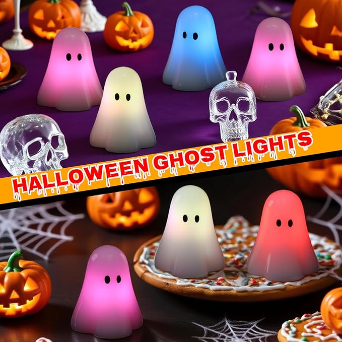 DRomance Halloween Ghost Flameless Candles Battery Operated with 18-Key Remote and Timer Set of 3 Real Wax Color Changing LED Flickering Candles Spooky Halloween Indoor Decoration(3" D x 3.5" H)