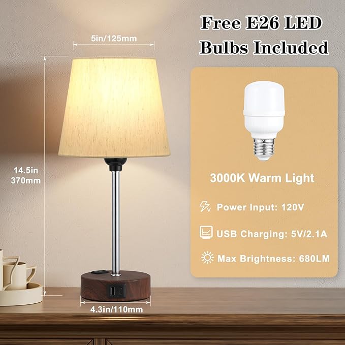 Acaxin Reddish Brown Bedside Lamps Set of 2 - Nightstand Bedroom Lamp with USB C Port and AC Outlet Charging, 3 Way Dimmable Touch Control Small Bed Side Table Lamp, Nightstand Light