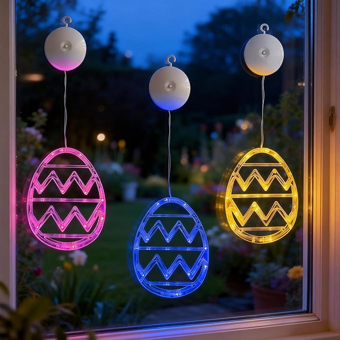 Easter Window Lights Decorations, 3 Pack Easter Hanging Window Decor Pink Yellow Blue Egg Lights with Suction Cup, Indoor Battery Operated Egg LED Holiday Lamp for Home Door Window (Pink Yellow Blue)