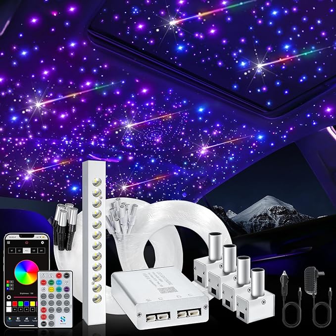 Split Car Starlight Headliner Kit, 4 Colors 12W Meteor Fiber Optic Star Ceiling Lights, 500pcs*0.02in*9.8ft+240 RGBW Shooting Stars Lights for Car Home Theaters Roof Décor