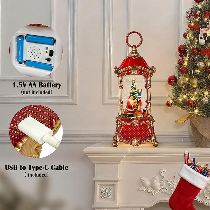 Christmas Snow Globes Santa Claus Snow Globe Lantern, Lighted Christmas Decorations Indoor for Home with Music Timer Glitter, Rotating Train Festival Gifts, USB & Battery Operated 12.5 inch
