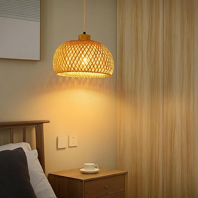 18inch Bamboo Rattan Pendant Lights, Hand-Woven Wicker Boho Hanging Ceiling Lights Fixture, Beige Pendant Lamp Rustic Farmhouse Chandelier for Kitchen Island, Dining Room, Bedroom, Living Room