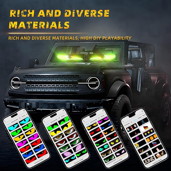 2 Pack 23.6"x4.72" Synchronized LED Devil Eyes Light Sign for Cars, Truck Windshield LED Eyes, Programmable via App/Remote Control, USB-Powered Flexible Panel, Custom Dynamic Patterns