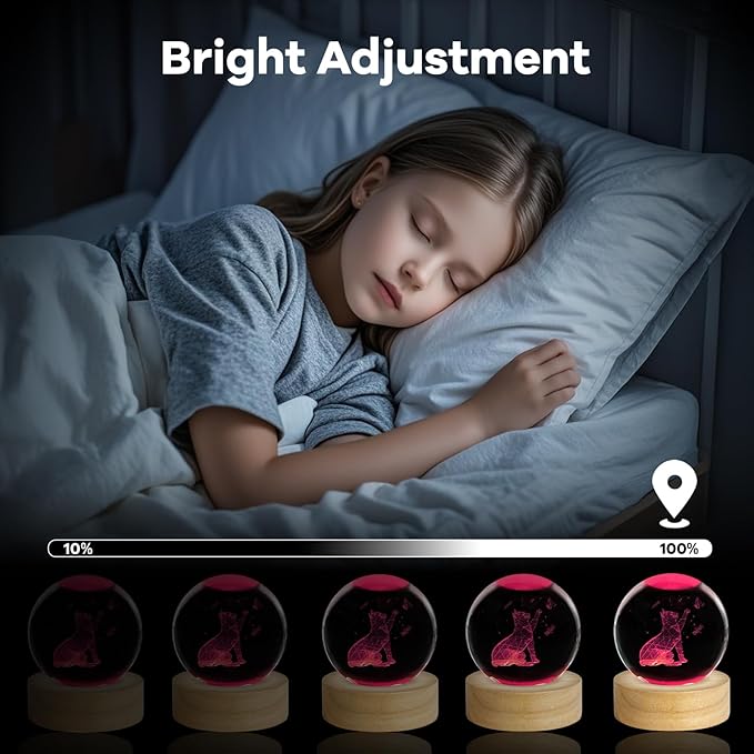 3D Cat Crystal Ball Night Light 2.4in Table Lamp Decor with 16 Colors Change Remote Control and Wooden Base Gifts for Cat Lovers Women Girl Friends Birthday Christmas