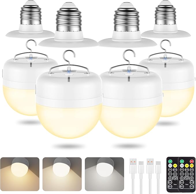 4Packs E26 Rechargeable Magnetic Light Bulbs with Remote and Hook, 10W 900LM Battery operated Emergency LED Bulb 3500mAh, Portable Large Camping Tent Lamp for Home, Hurricane, Power Outage & Outdoor