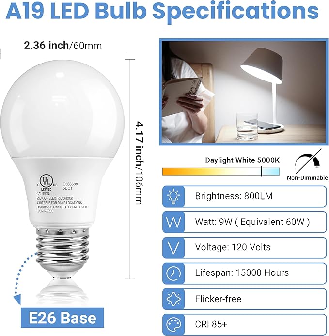 24 Pack LED Light Bulbs Daylight White 5000K, 60 Watt Equivalent A19 LED Bulb, 9W E26 Standard Base, 800 Lumens 15000 Hours 120V, Non-Dimmable, Bright Energy Saving Lightbulbs for Bedroom Indoor