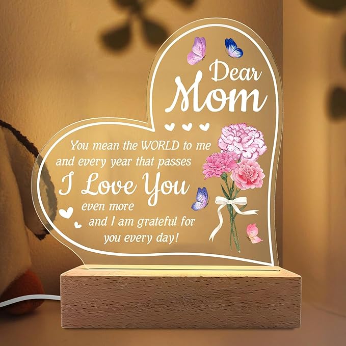 Carnation Heart Shape 3D Crystal Acrylic Light with Wood Stand, LED Night Light for Kids Room Decor, Gift for Mom on Birthday or Holiday, Home Decor Art Display