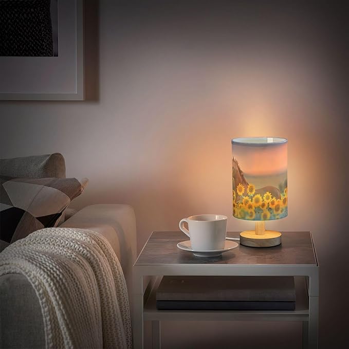 Table Lamp Red Stallion Horse Nature Sunflower Field Nightstand Lamp with Wood Base Fabric Lamp Shade Bedside Desk Lamp for Living Room Bedroom Kids Room Office