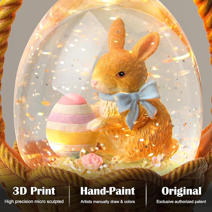 Easter Snow Globe Lantern Bunny Easter Decorations for Home with Timer Swirling Glitter, Lighted Indoor Decor Gifts with Basket Eggs, USB or Battery Operated