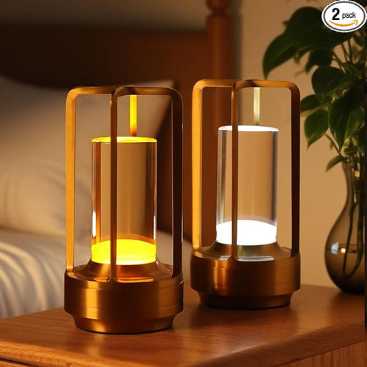 2-Pack Portable Touch Control Table Lamp with 5000mAh Battery, 3-Color Stepless Dimming Cordless LED Light for Bedroom/Camping/Restaurant/Bar Indoor & Outdoor（2-Pack Gold）
