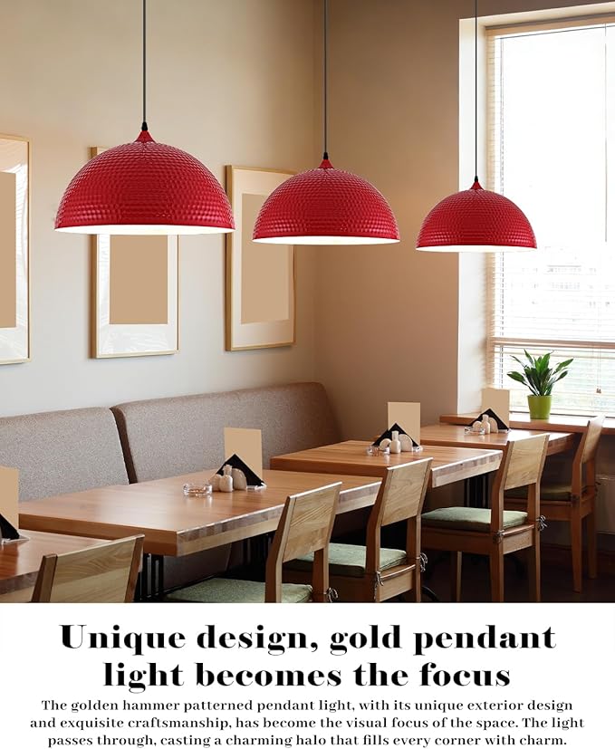 16 inch Red Pendant Light 2 Pack, Hammered Large Industrial Pendant Lights Kitchen Island, Oversive Red Dome Pendant Light for Kitchen Island, Dining Room, Bar