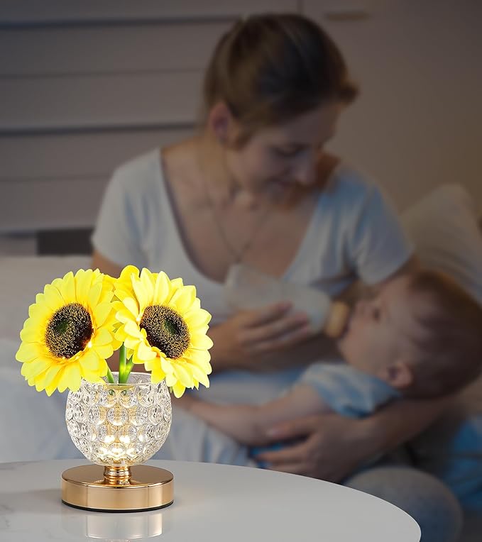 Sunflower Lamp Gifts for Women,Rechargeable Cordless Touch Lamp with 3-Colour Dimming,Crystal Vase Flower Light for Birthday Gifts,Mother's Day for Mom,Christmas,Home Decor,Bedroom