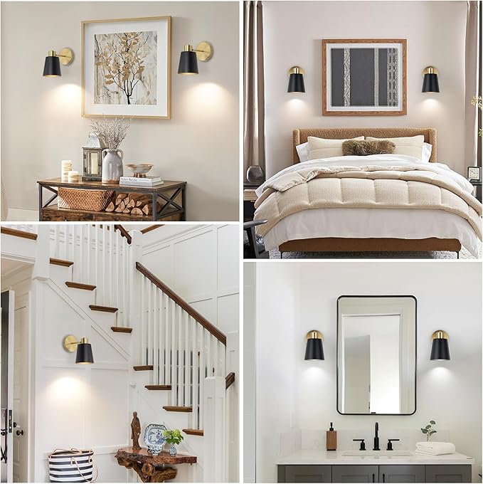 Battery Operated Wall Sconce, Modern Wireless Sconces Set of 2, Cordless Wall Decor Battery Powered Wall Light with Remote Control, Vintage Black and Gold Wall Lamp for Living Room Bathroom Hallwa