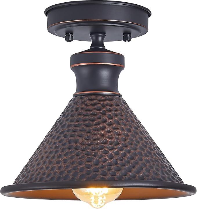 9.2" Industrial Semi Flush Mount Ceiling Light,Vintage Hammered Pattern Cast Aluminum Shade,1-Light E26 Classic Lamp,Oil Rubbed Bronze Farmhouse Lighting for Hallway Kitchen Entryway.